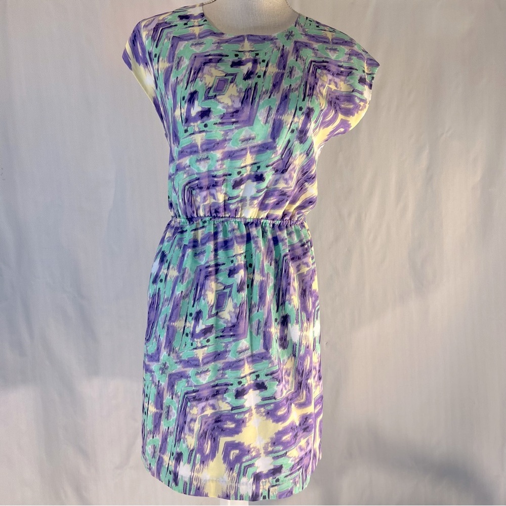 Kensie Purple Yellow Green Geometric Print Cap Sleeves Elastic Waist Dress XS 👍